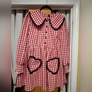 Red Gingham Babydoll Dress with Black Trim Heart Pockets